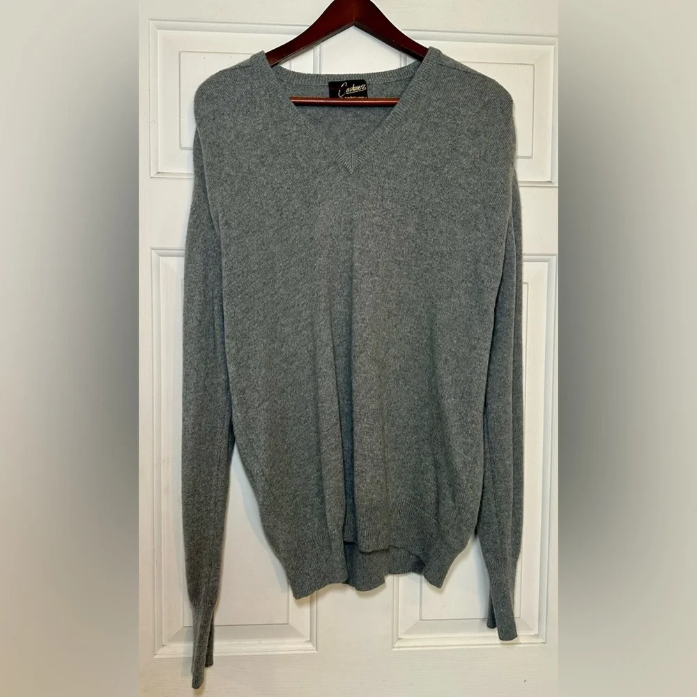 Mens Vintage Fully Fashioned Cashmere V Neck Sweater L Charcoal Gray Super Soft